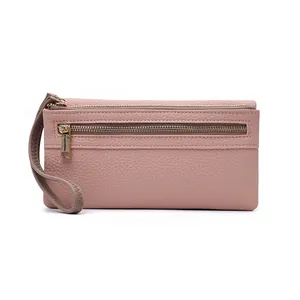 Long pink leather clutch wallet with large capacity and zip-around multifunctional design