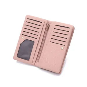 Pink vintage large capacity long leather wallet with 12 card slots and zipper pocket