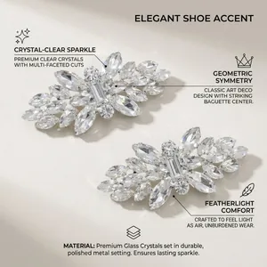 Close-up detail of elegant clear crystal shoe clips with geometric art deco symmetry