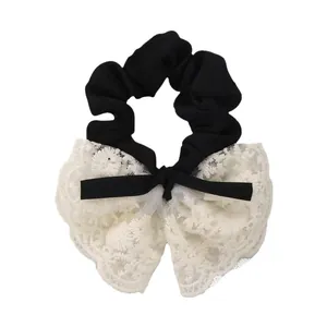 Lace bow scrunchie with black pleated fabric for women, stylish hair accessory