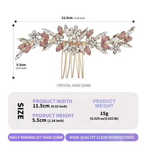 Pink rhinestone bridal hair comb with gold floral design, width 11.5cm, height 5.5cm