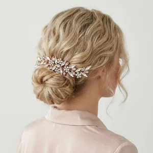 Gold Alloy Bridal Hair Comb With Pink Marquise Rhinestones Clear Crystals Vintage Wedding Headpiece For Women Accessory