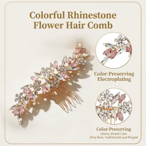 Elegant floral pink rhinestone hair comb with alloy base for bridal hairstyles