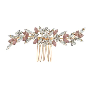 Elegant gold hair comb with pink and clear marquise crystals in floral vine design