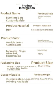 Specifications of iron evening clutch bag measuring 14.5x4x9cm and weighing 460g