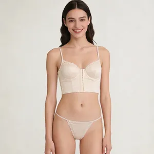 Bohemian satin lace lingerie set with off-white vest corset and front hook closure