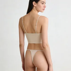Bohemian style satin lace lingerie set with back-closure bra and thong in beige skin tone