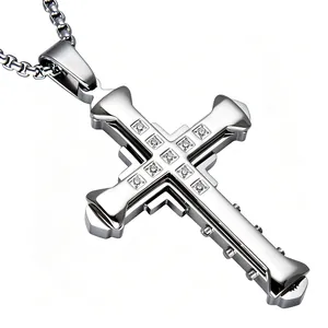 Close-up of three-layer stainless steel cross pendant with inlaid clear zircons