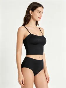 Detail of black seamless lingerie set including high waist briefs and thin strap camisole