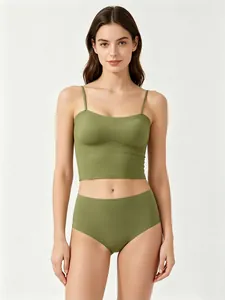 Detail view of olive green seamless bra and high waist panty set with thin straps
