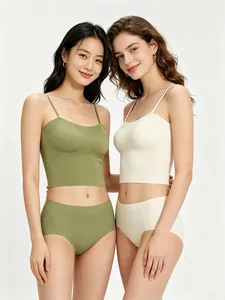 Detailed view of seamless thin camisole and panty set in olive green and beige colors