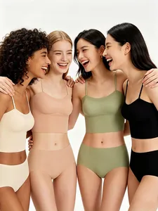 Detailed set of seamless padded bras and panties in neutral colors for women