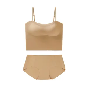 Detail view of seamless nude lingerie set featuring thin straps and smooth molded cups