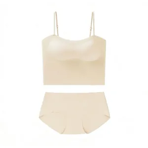 Detail of seamless skin-friendly lingerie set with thin straps and removable pads