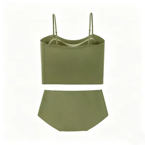 Olive green seamless lingerie set featuring a thin strap camisole top and matching panties
