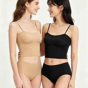 Women Seamless Thin Strap Cami Lingerie Set With Chest Pad Breathable Nylon U-Back Bra Top And Panties Set Underwear