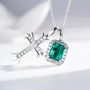 S925 sterling silver necklace with emerald cut green stone and diamond cross pendant