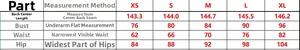 Size chart for sequin evening dress showing length, bust, waist, and hip measurements