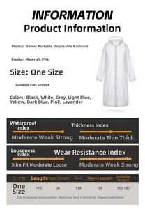 Detailed size chart for portable EVA hooded raincoat showing dimensions and waterproof specs