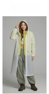 Waterproof white EVA raincoat with adjustable drawstring hood and elastic cuffs