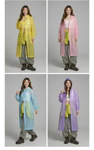 Detail of four translucent EVA raincoats in yellow, pink, blue, and purple with drawstring hoods