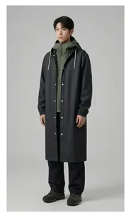 Detail of adult black EVA hooded raincoat with metal snap buttons and white drawstrings