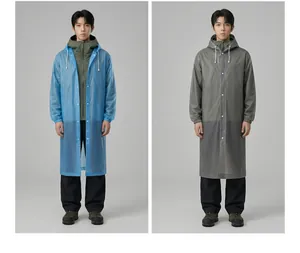 Detail of durable EVA raincoats in blue and gray with adjustable hoods and snap buttons