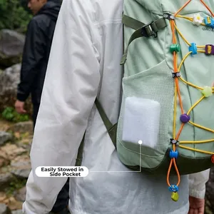 Portable white EVA raincoat stored in a green backpack side pocket for easy outdoor carry