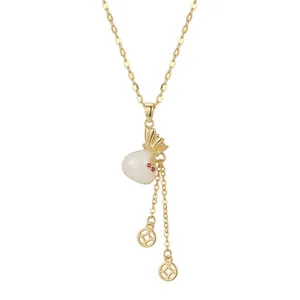 Golden titanium steel necklace with white lucky pouch pendant and coin tassels