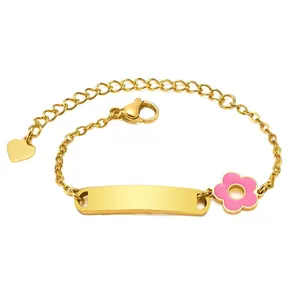 Adjustable gold stainless steel identity bracelet with a pink flower for women and kids