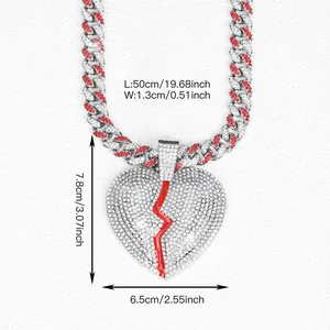 Hip hop heart pendant necklace with iced out Cuban chain and red lightning crack design
