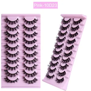 Detailansicht von 10 Paar 10D23 voluminösen Fake-Wimpern auf rosa Halterungen