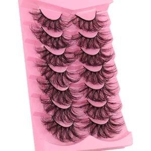Lot de 7 paires de faux cils épais et bouclés sur plateau rose pour maquillage