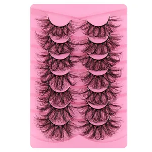 7 paires de faux cils 3D effet vison volumineux avec boucles denses sur plateau rose
