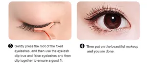 Detail view of 6D synthetic eyelashes application steps with rose gold applicator clip