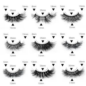 9 styles of faux mink lashes with detailed measurements for eye length and band width