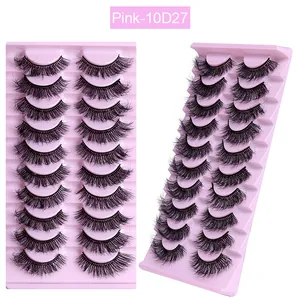 Detailaufnahme von 10 Paar dichten, lockigen falschen Wimpern in rosa 10D27 Verpackung