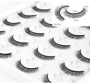 Detail of curly 12-17mm faux mink eyelashes on white tray, showing length and shape