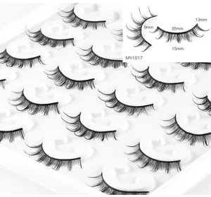 Macro detail of MY1017 false eyelashes showing precise length dimensions from 9mm to 35mm