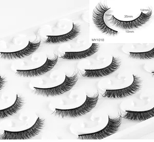 Detail of 10 pairs of 3D faux mink lashes showing 7-14mm length and curl volume