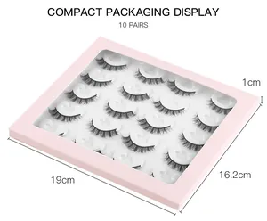 Detailed view of 10 pairs of 3D faux mink false eyelashes in pink window box packaging