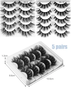 Détail de 5 paires de faux cils 8D épais avec spécifications de longueur et modèles G5