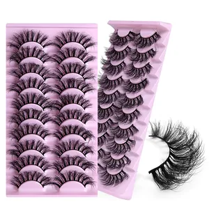 10 Paar natürliche dicke 3D-falsche Wimpern auf rosa Tablett mit verschiedenen Ansichten