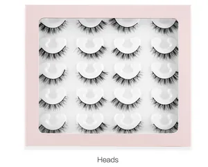 Macro view of 16 pairs of thick, black faux mink eyelashes in a pink window box package