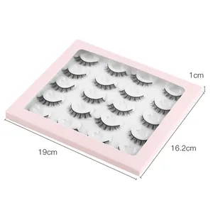 14 pairs of thick faux mink eyelashes in a pink display box with dimensions 19cm x 16.2cm