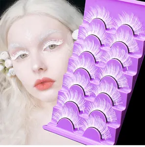 Vista detallada de 7 pares de pestañas postizas blancas dramáticas para cosplay y maquillaje
