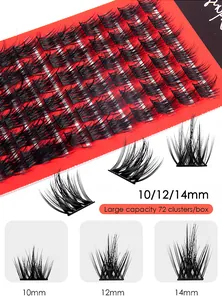 Detailed view of individual cluster lashes in 10mm, 12mm and 14mm lengths, 72 clusters pack