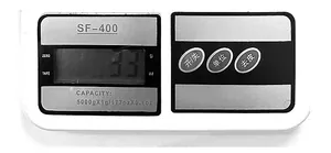 Close-up of SF-400 digital kitchen scale with LCD display and physical buttons