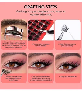 Six-step tutorial showing application of individual eyelash clusters with tweezers and curler