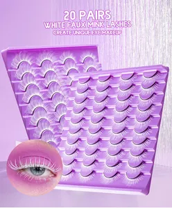 Macro detail of 20 pairs of white faux mink eyelashes on purple trays for creative makeup